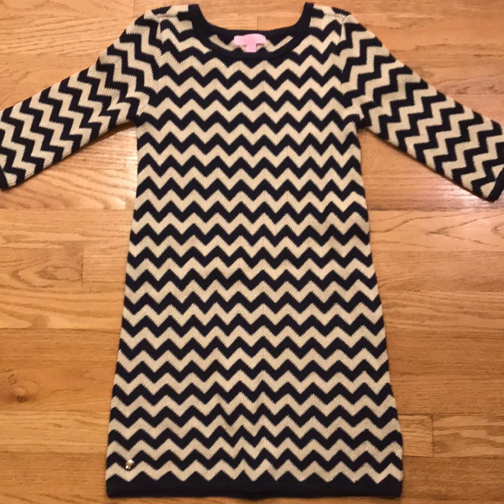 Lilly Pulitzer girls sweater knit dress chevron navy with gold shimmer